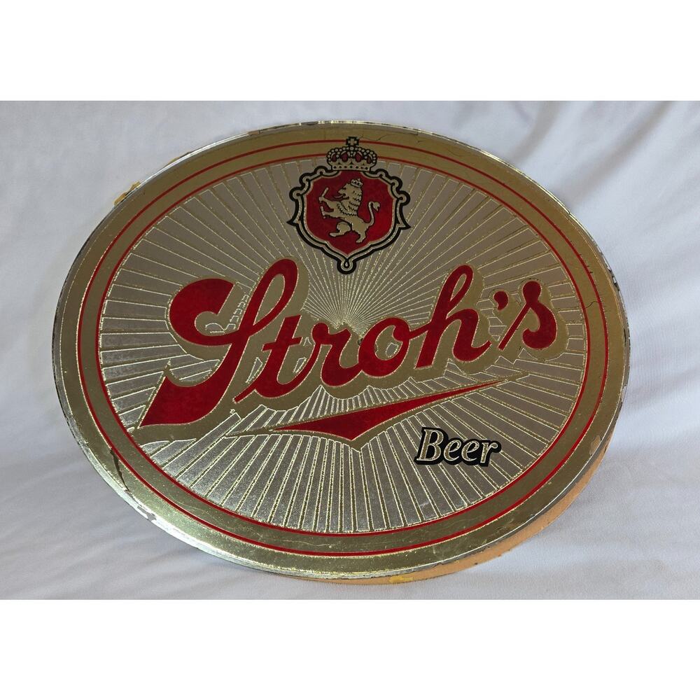 Vintage Stroh's Beer Oval Wall Mirror 20" x 17" Gold Red Lion Shield